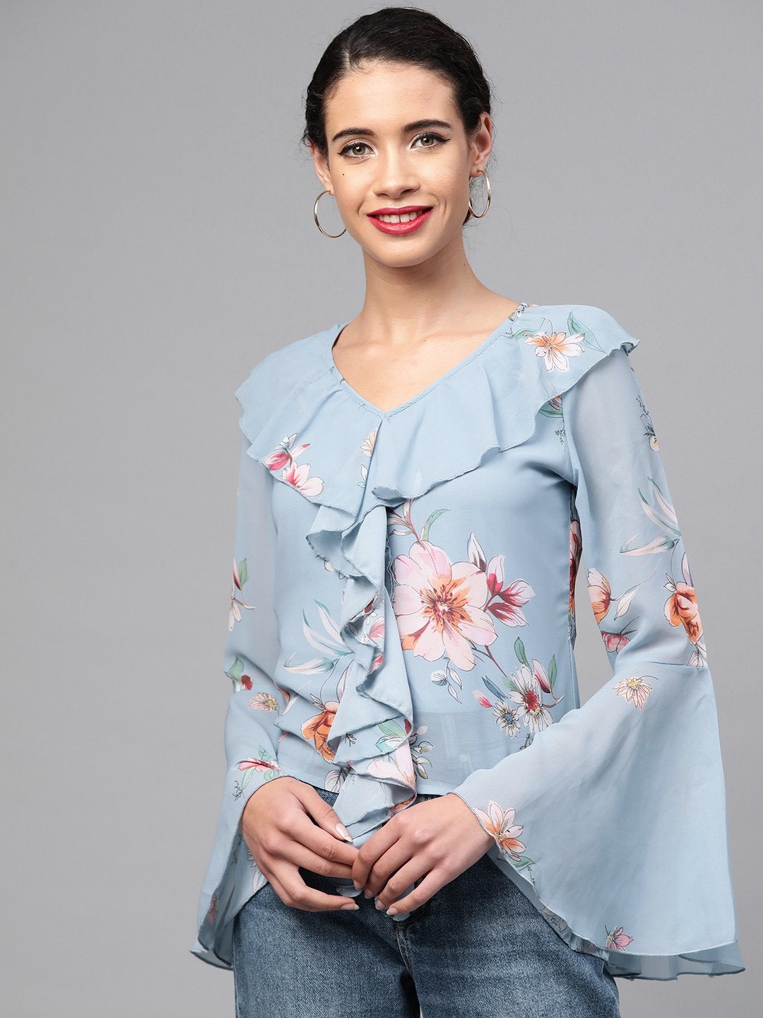 Women's Pale Blue Floral Cascading Ruffles Top - SASSAFRAS