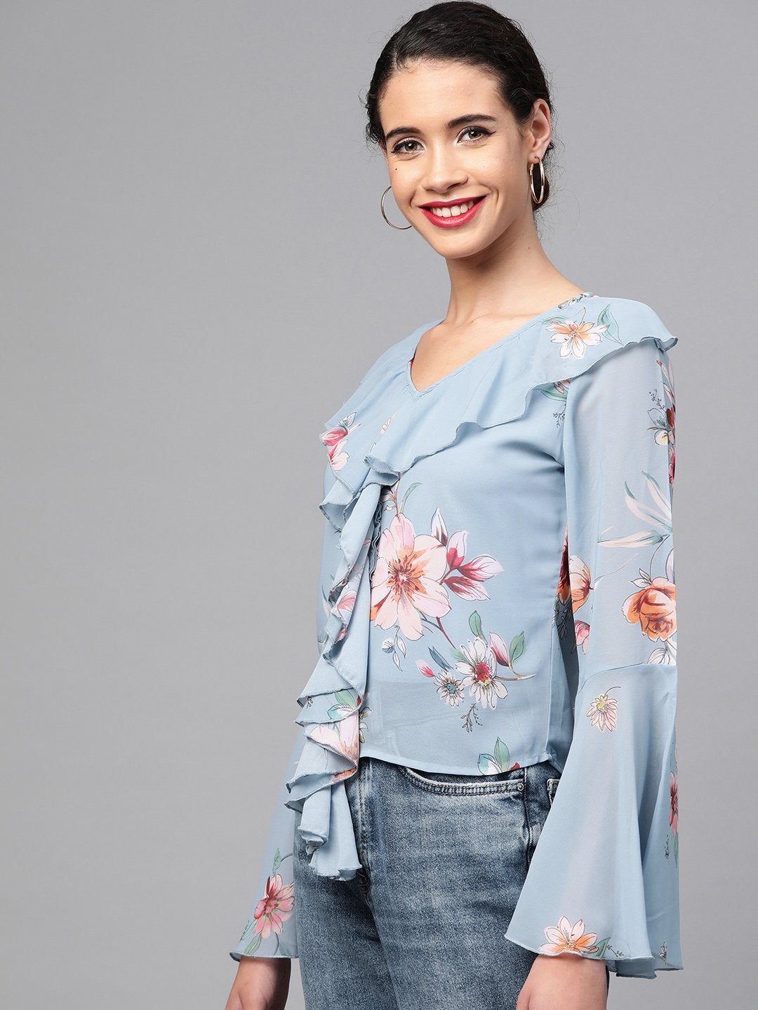 Women's Pale Blue Floral Cascading Ruffles Top - SASSAFRAS