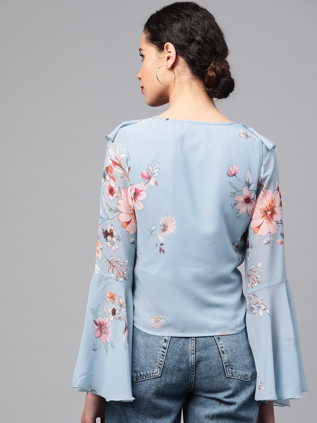 Women's Pale Blue Floral Cascading Ruffles Top - SASSAFRAS