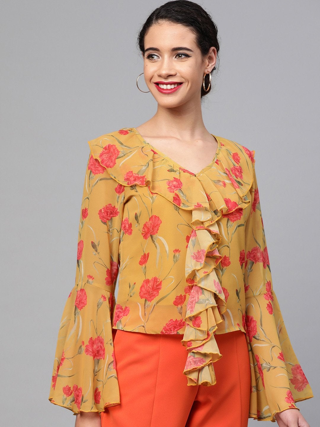 Women's Mustard Floral Cascading Ruffles Top - SASSAFRAS