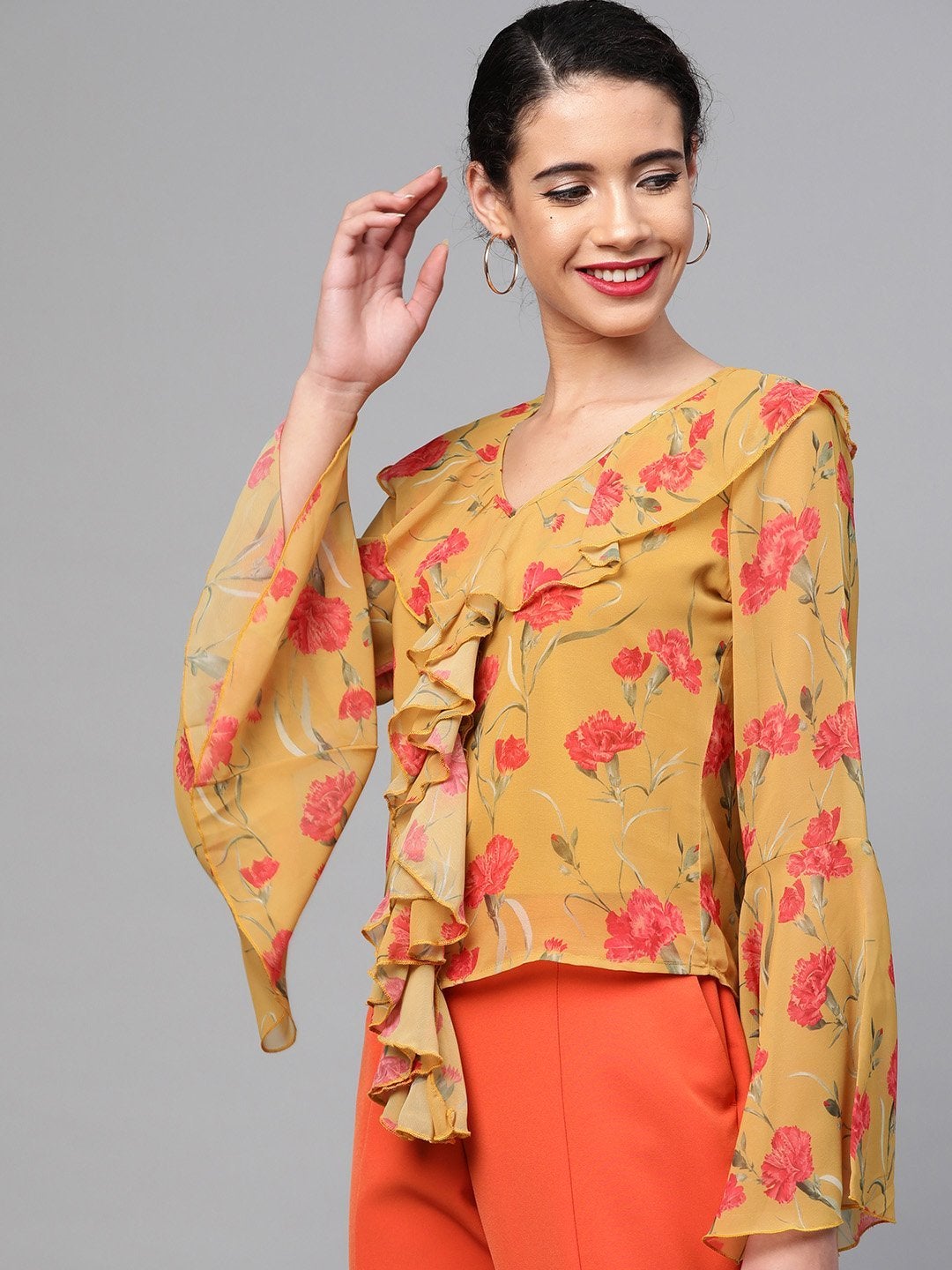 Women's Mustard Floral Cascading Ruffles Top - SASSAFRAS