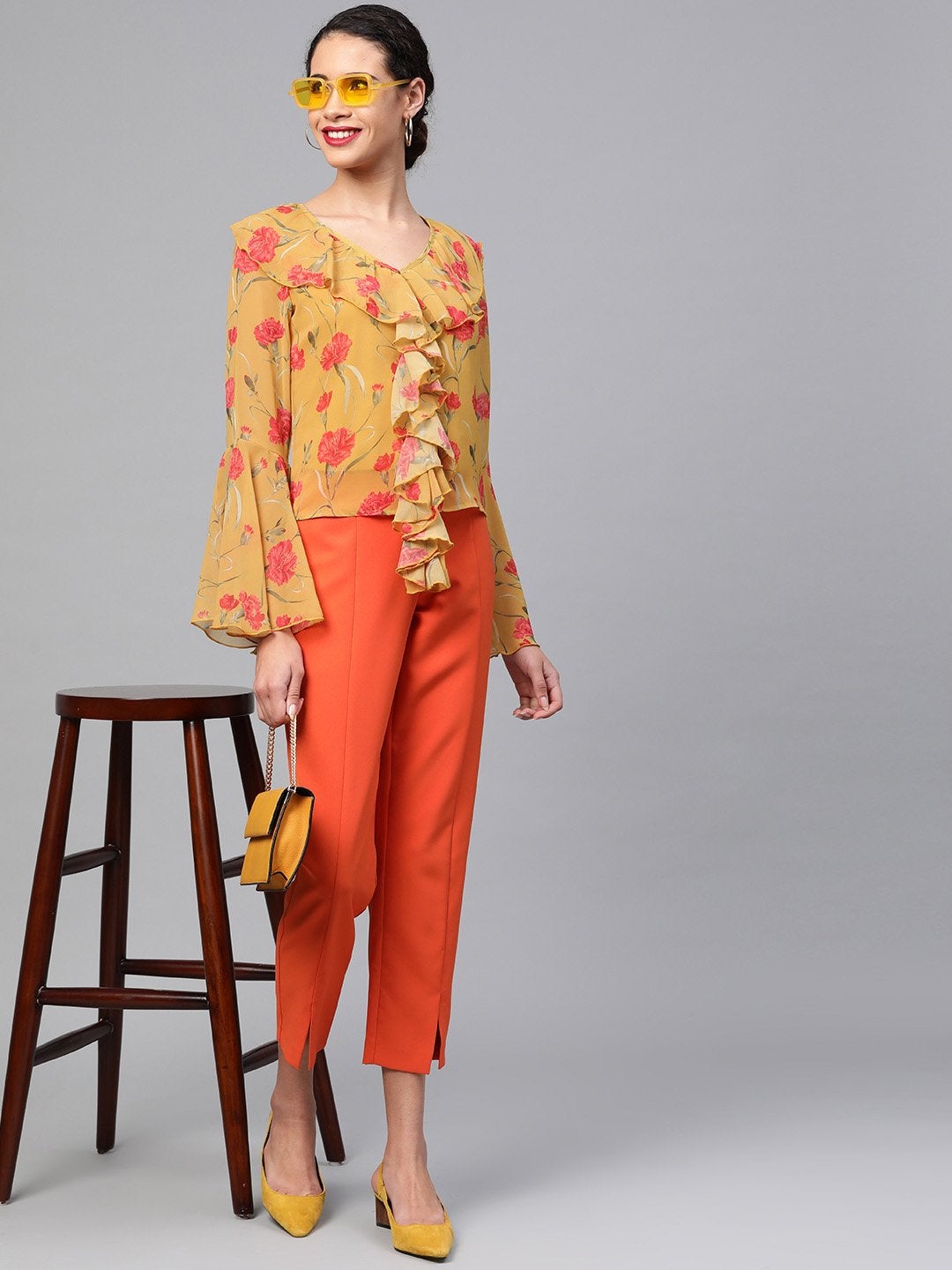 Women's Mustard Floral Cascading Ruffles Top - SASSAFRAS