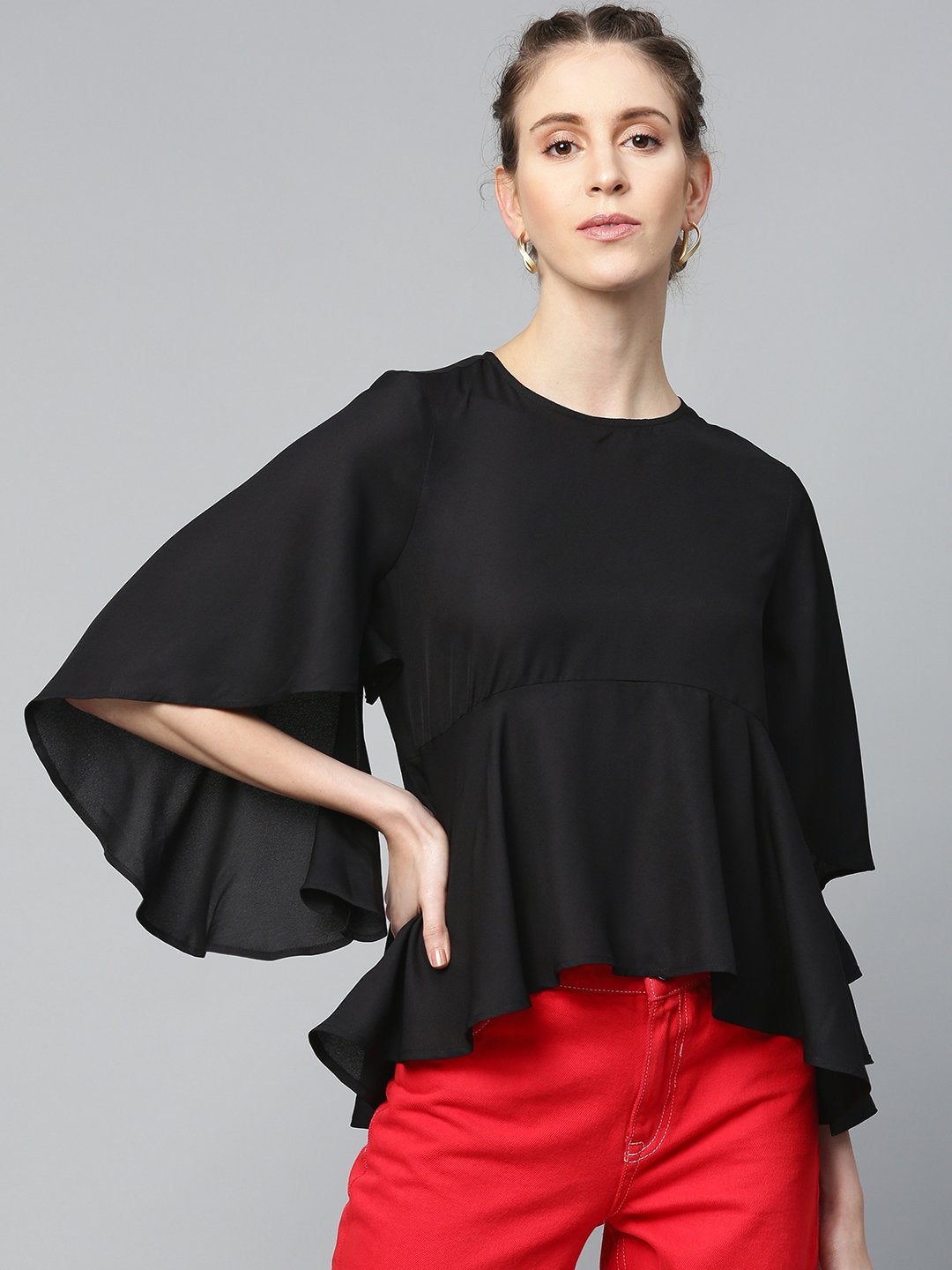 Women's Black Flared Sleeve Cape Top - SASSAFRAS