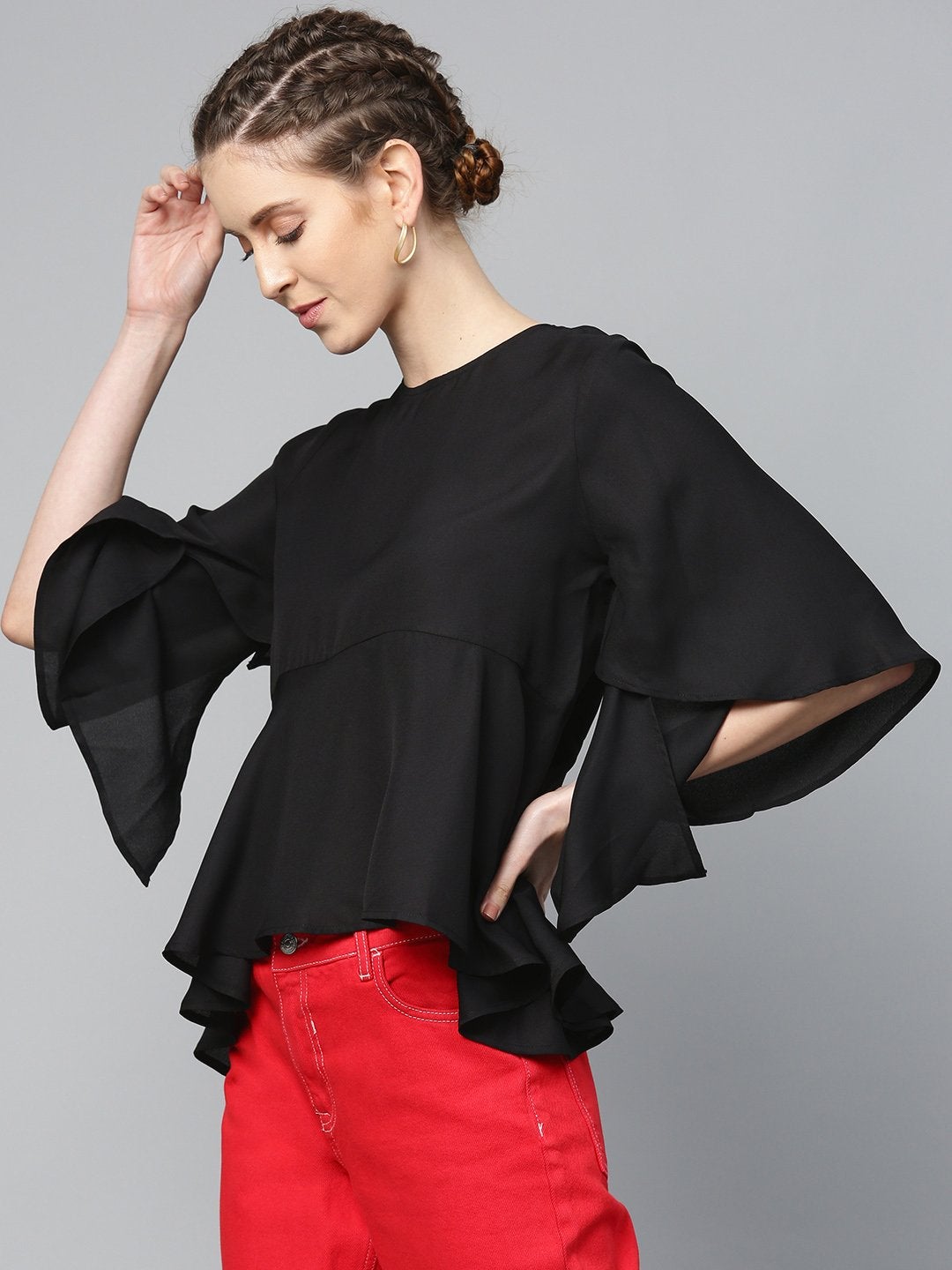 Women's Black Flared Sleeve Cape Top - SASSAFRAS