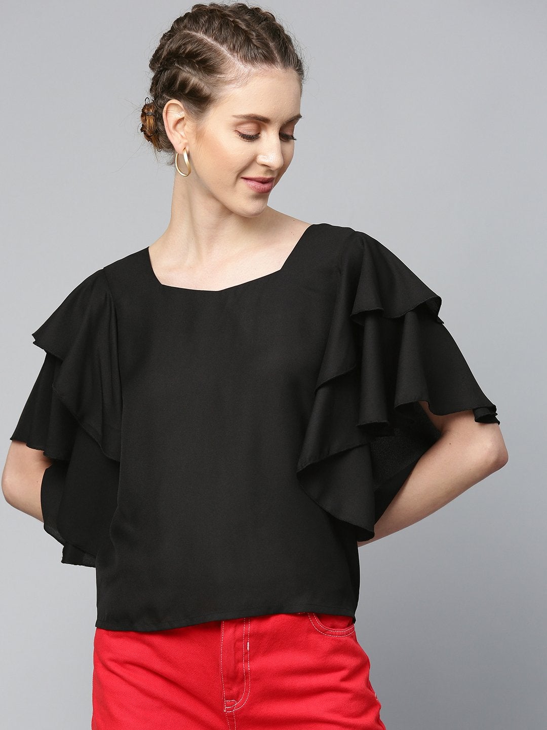 Women's Black Frilly Sleeve Back Detail Top - SASSAFRAS