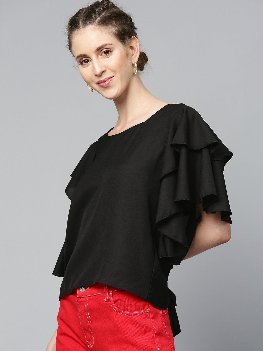 Women's Black Frilly Sleeve Back Detail Top - SASSAFRAS