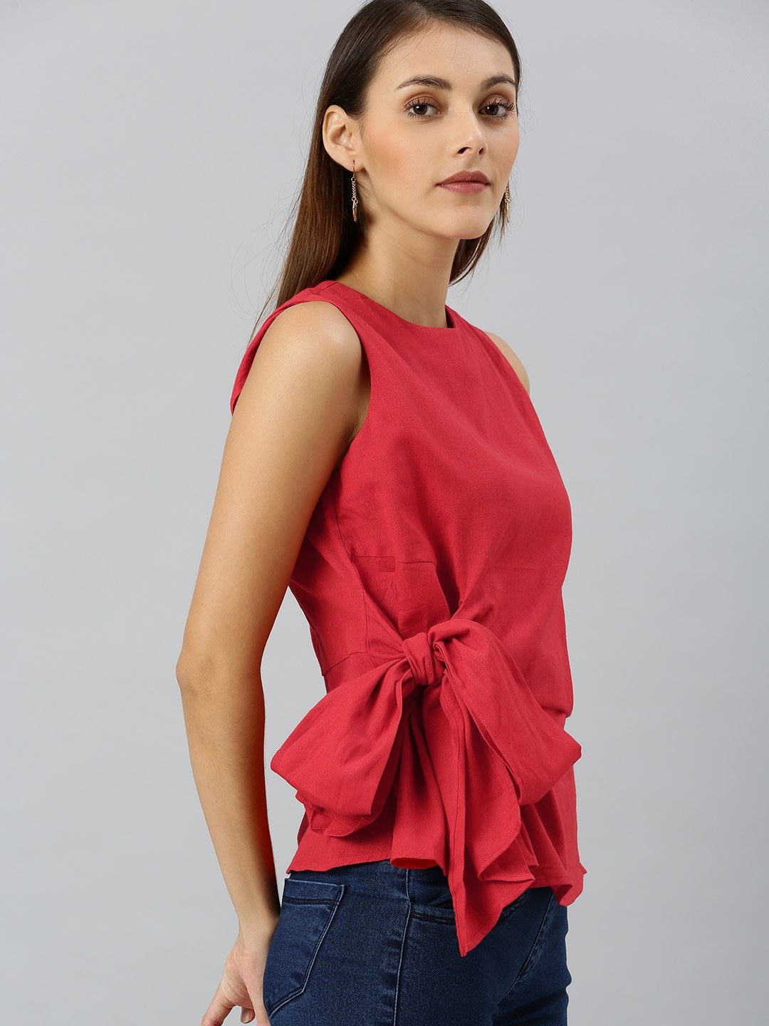 Women's Red Side Knot Sleeveless Top - SASSAFRAS