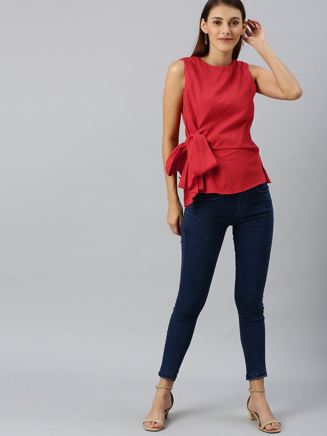 Women's Red Side Knot Sleeveless Top - SASSAFRAS