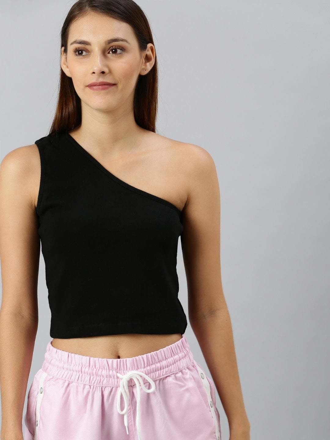 Women's Black One Shoulder Crop Top - SASSAFRAS