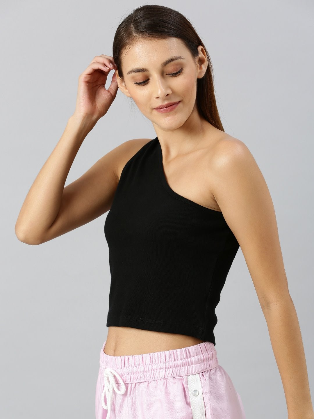 Women's Black One Shoulder Crop Top - SASSAFRAS