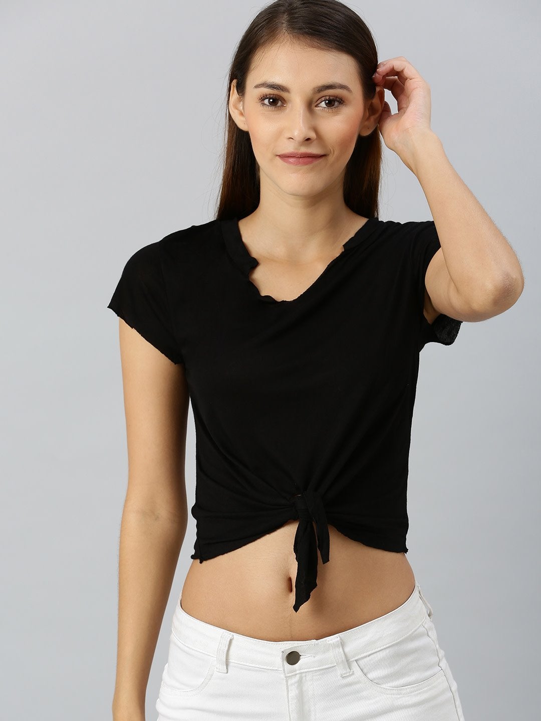 Women's Black Front Knot Crop Top - SASSAFRAS