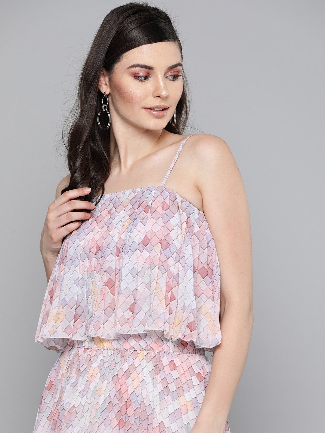 Women's Peach Tile Print Strappy Pleated Crop Top - SASSAFRAS