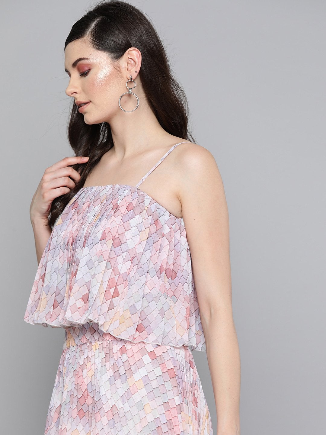 Women's Peach Tile Print Strappy Pleated Crop Top - SASSAFRAS