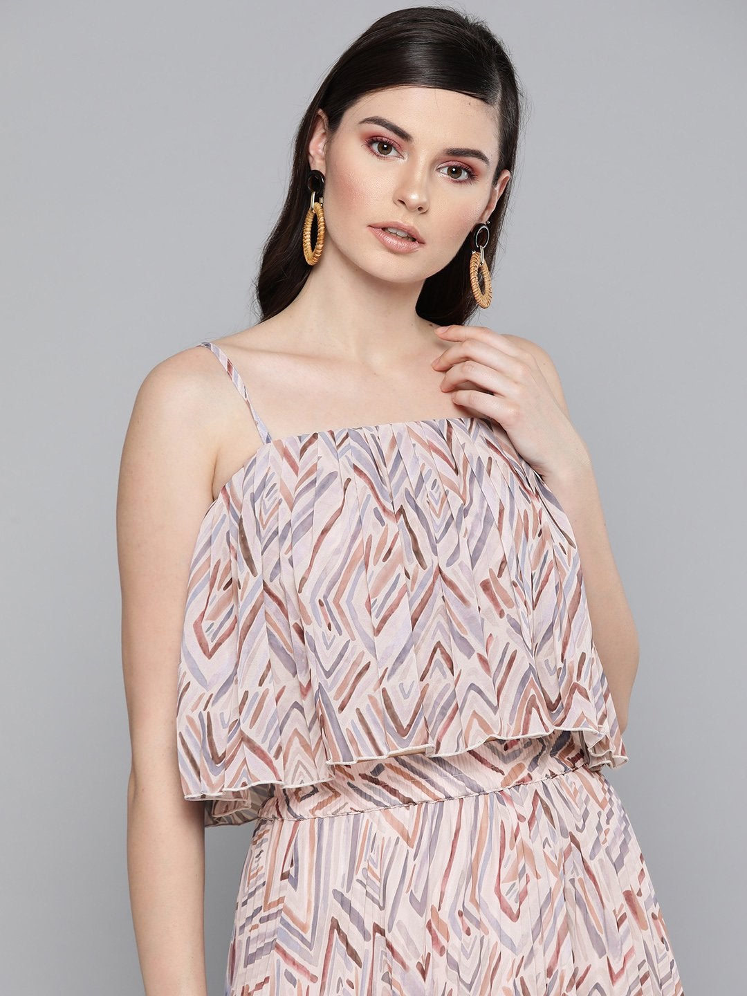 Women's Beige Geometric Print Strappy Pleated Crop Top - SASSAFRAS