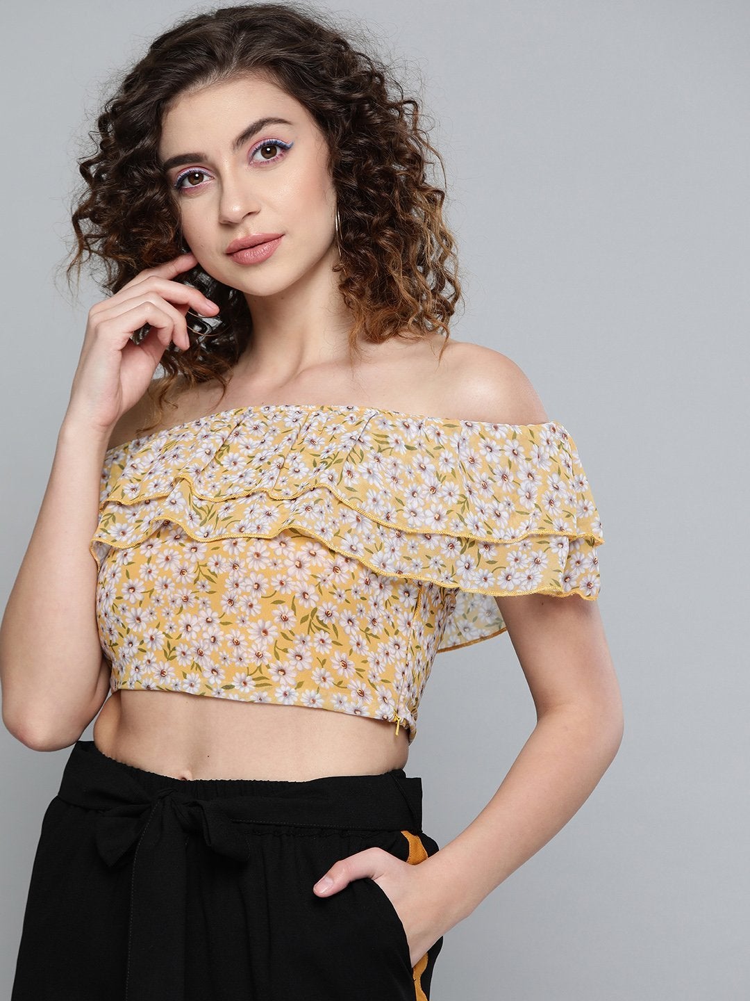 Women's Yellow Ditsy Floral Off Shoulder Crop Top - SASSAFRAS