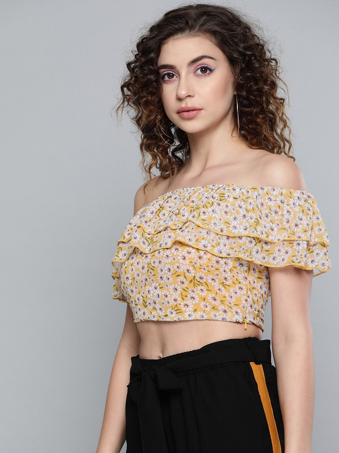 Women's Yellow Ditsy Floral Off Shoulder Crop Top - SASSAFRAS