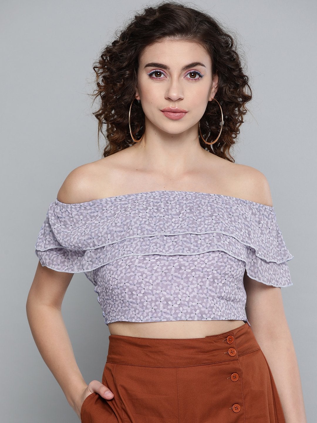 Women's Lavender Ditsy Floral Off Shoulder Crop Top - SASSAFRAS