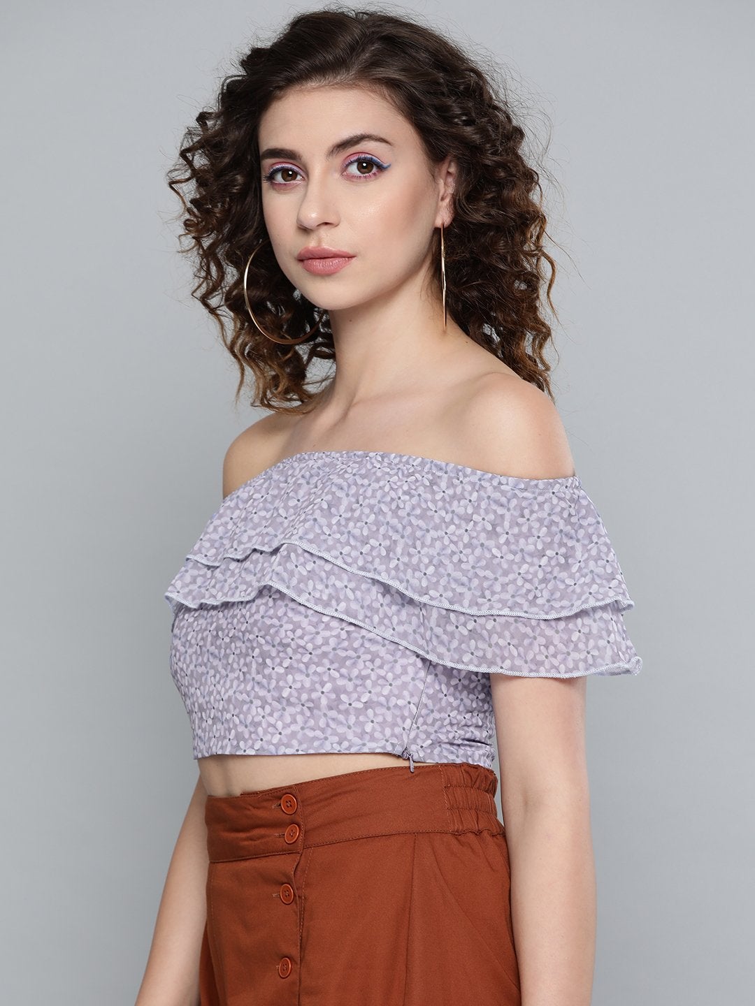 Women's Lavender Ditsy Floral Off Shoulder Crop Top - SASSAFRAS