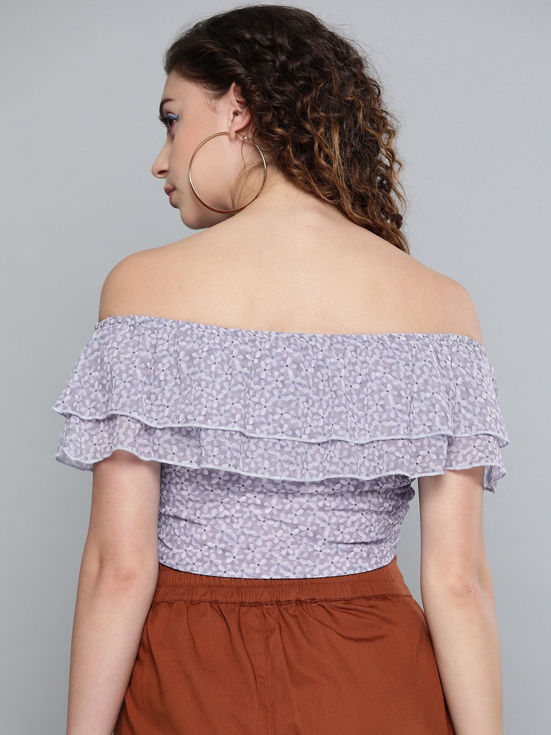 Women's Lavender Ditsy Floral Off Shoulder Crop Top - SASSAFRAS