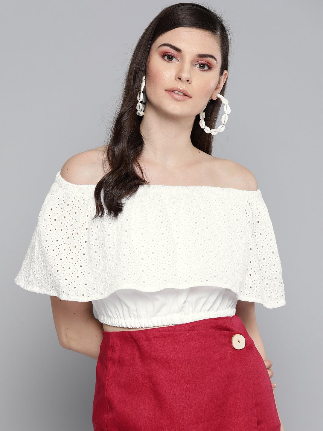 Women's White Schiffli Off Shoulder Crop Top - SASSAFRAS