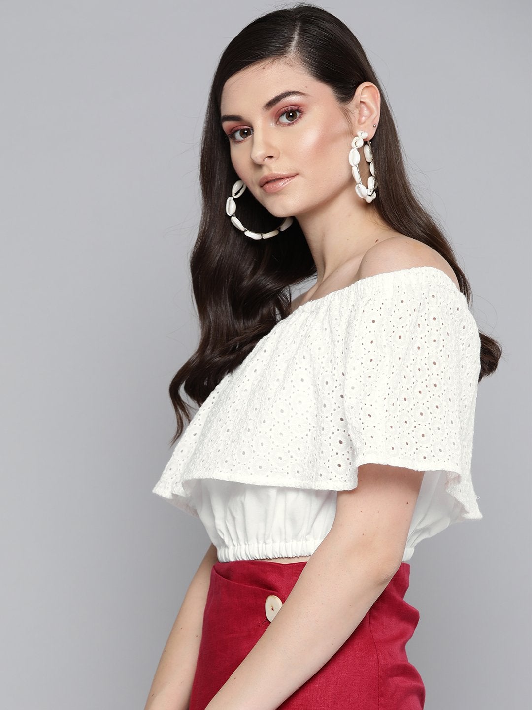 Women's White Schiffli Off Shoulder Crop Top - SASSAFRAS