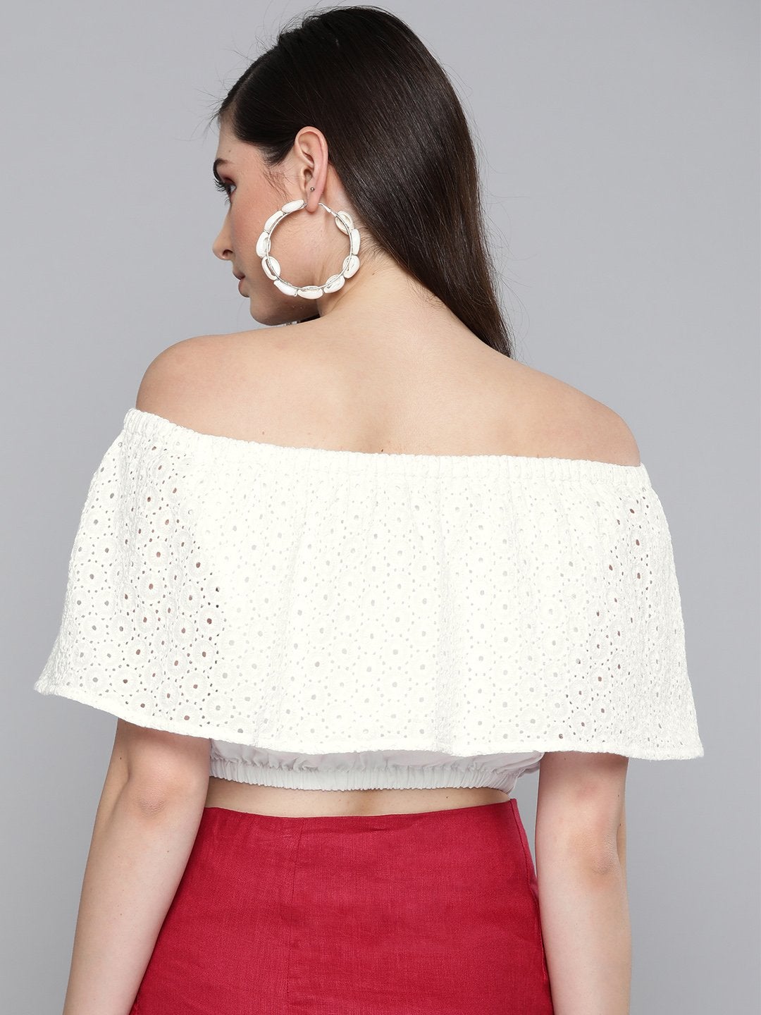 Women's White Schiffli Off Shoulder Crop Top - SASSAFRAS