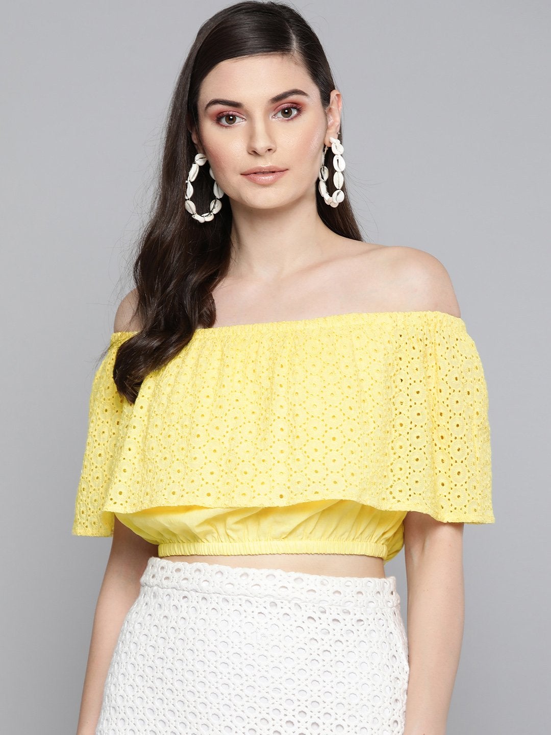 Women's Lemon Yellow Schiffli Off Shoulder Crop Top - SASSAFRAS