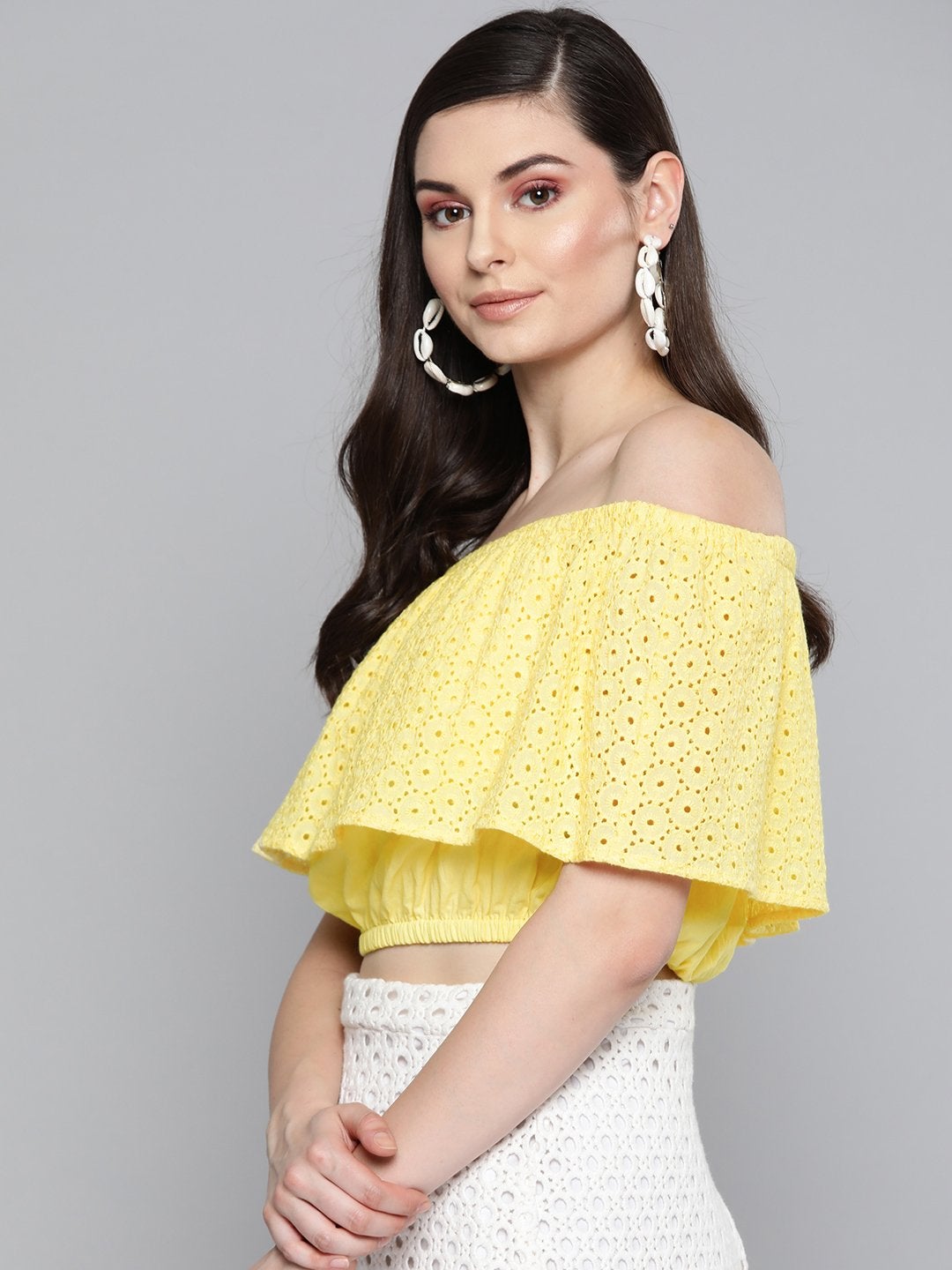 Women's Lemon Yellow Schiffli Off Shoulder Crop Top - SASSAFRAS