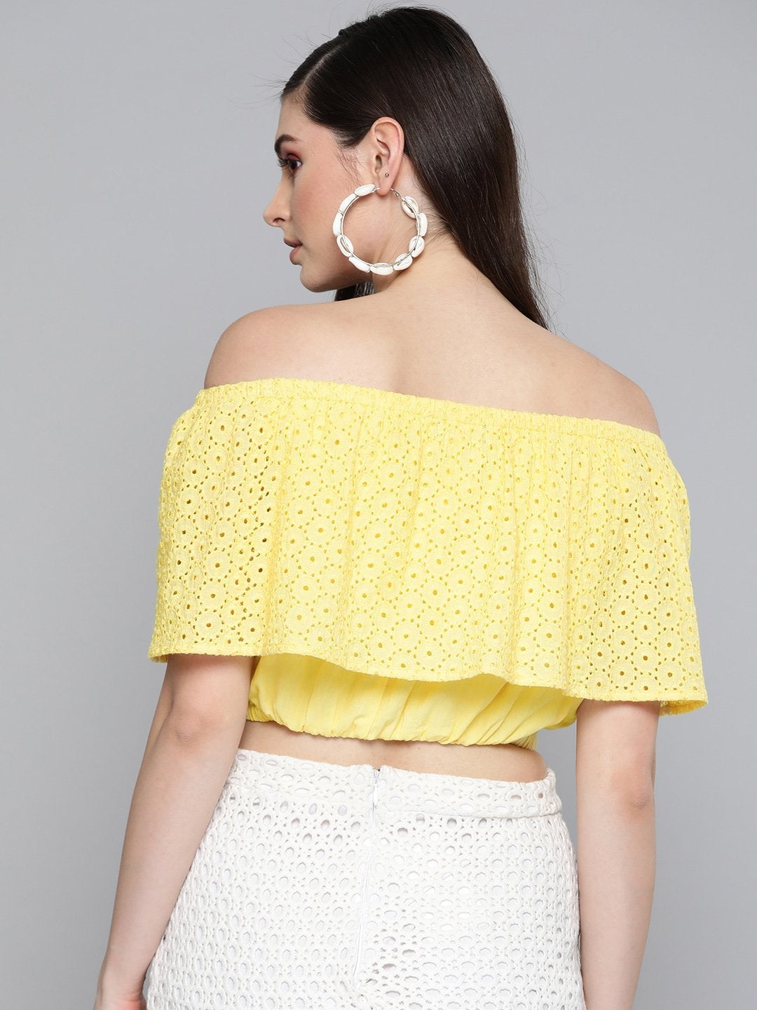 Women's Lemon Yellow Schiffli Off Shoulder Crop Top - SASSAFRAS