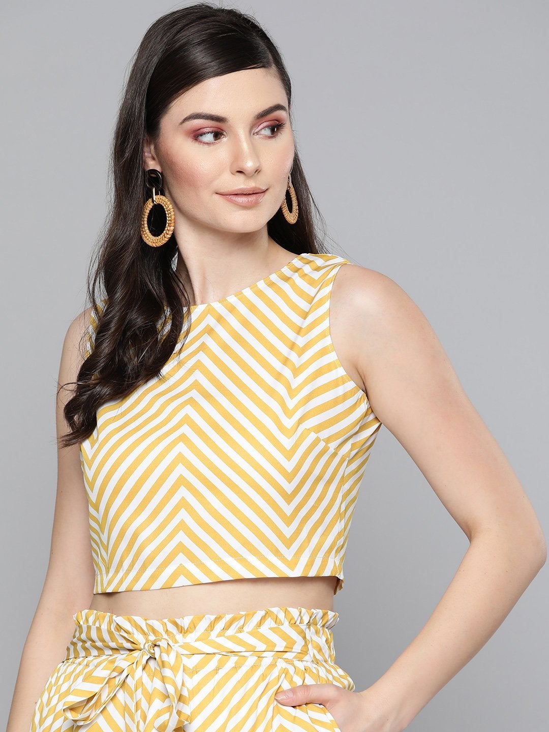 Women's Mustard Chevron Back Placket Crop Top - SASSAFRAS