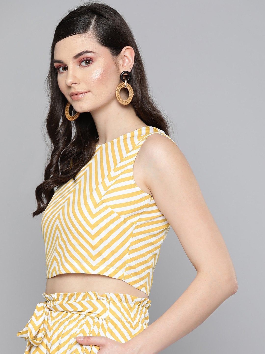 Women's Mustard Chevron Back Placket Crop Top - SASSAFRAS