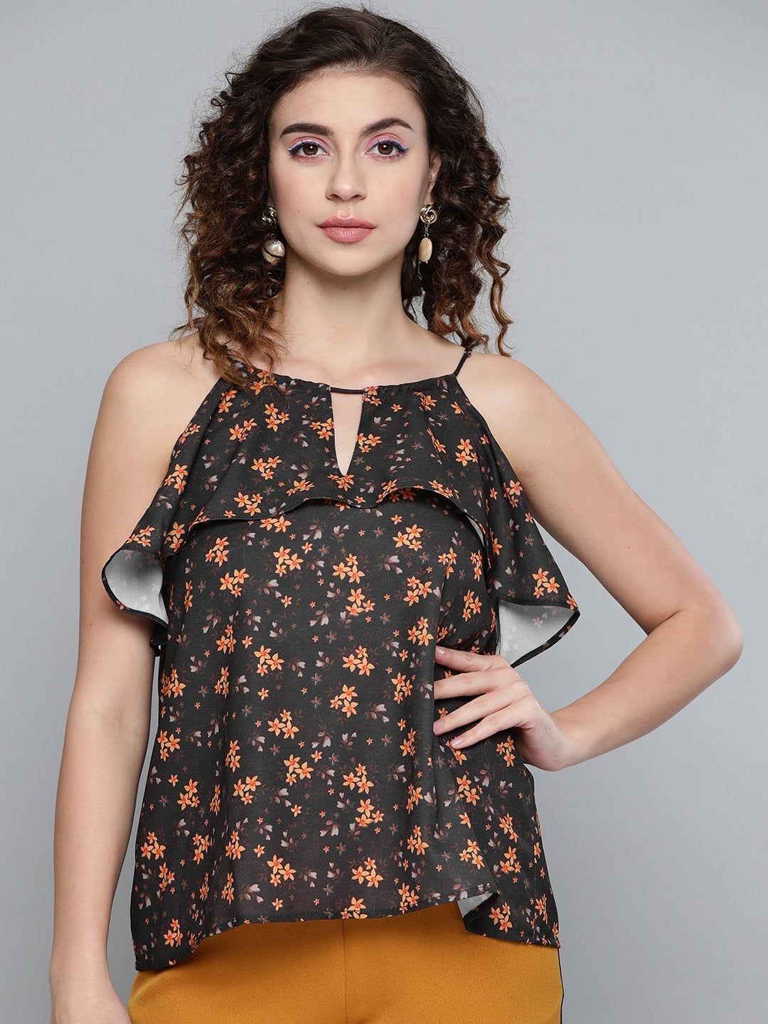 Women's Black Ditsy Floral Halter Neck Top - SASSAFRAS