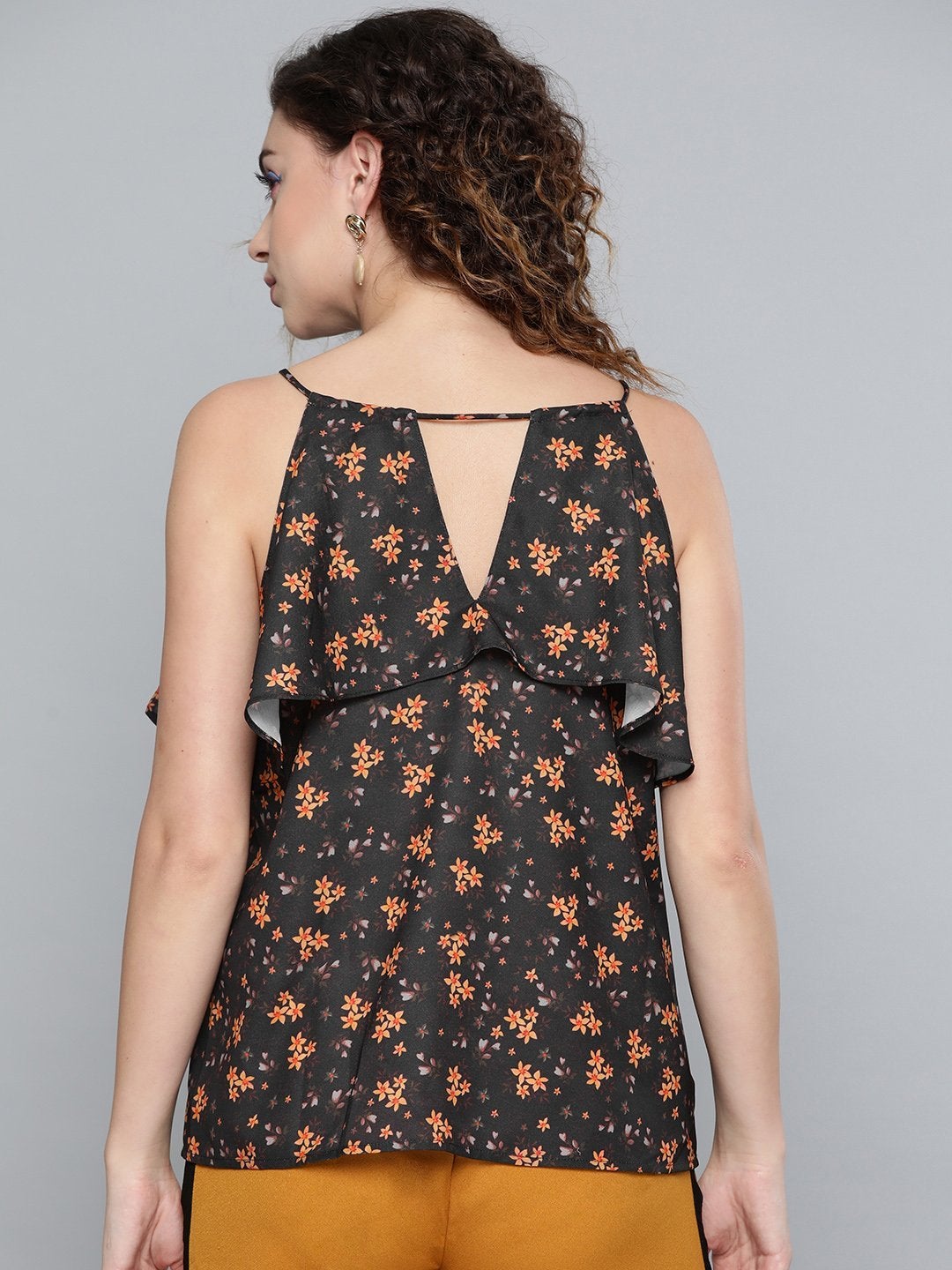 Women's Black Ditsy Floral Halter Neck Top - SASSAFRAS