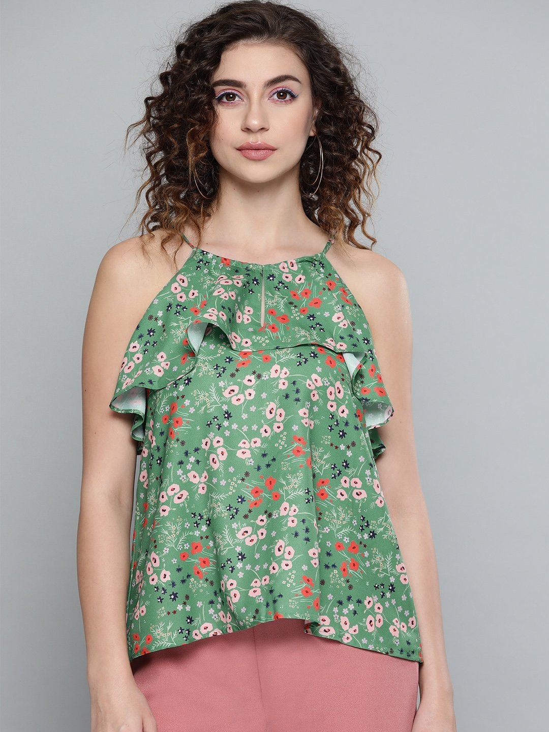 Women's Green Ditsy Floral Halter Neck Top - SASSAFRAS