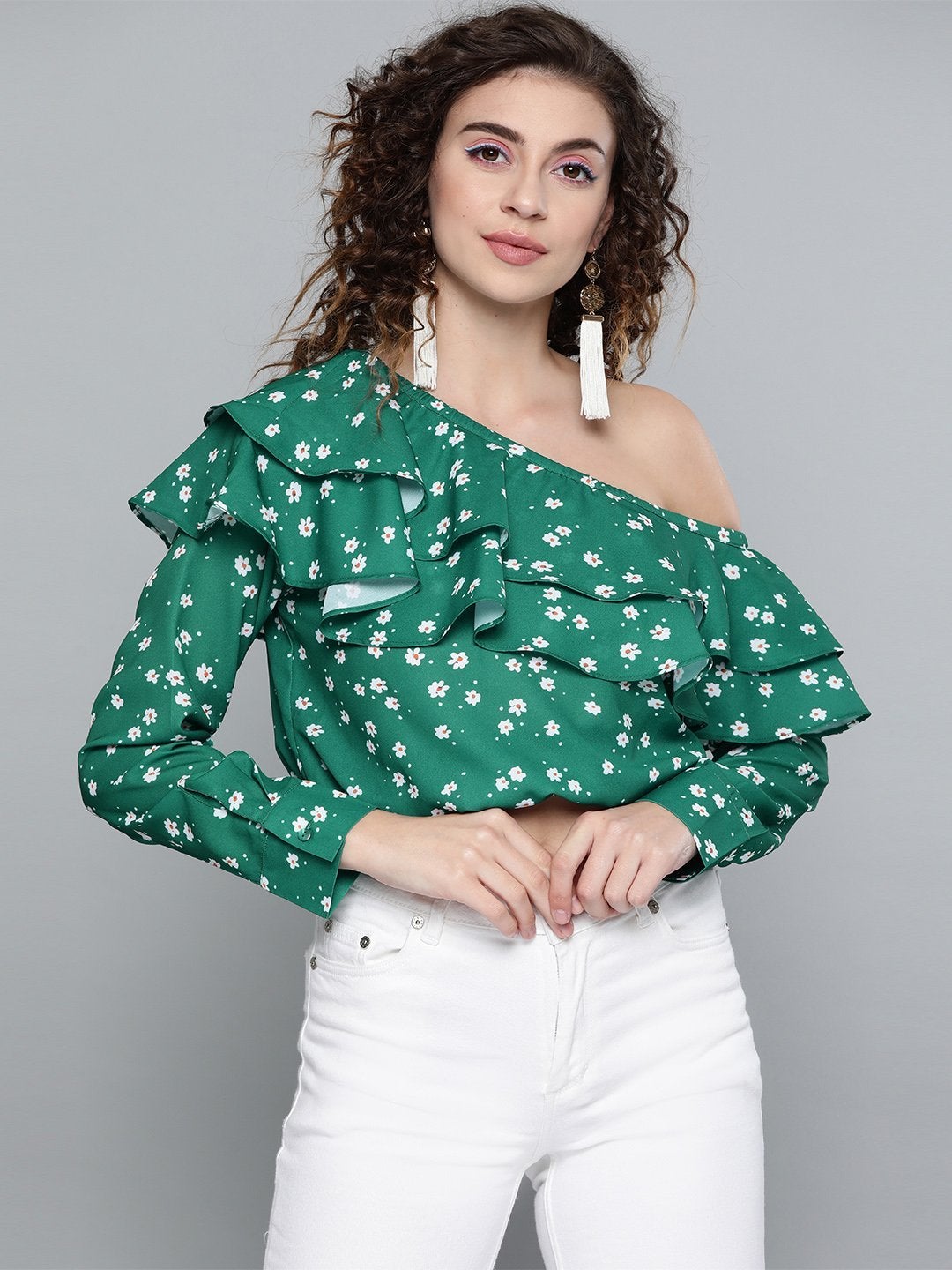 Women's Emerald Green Ditsy Floral One Shoulder Crop Top - SASSAFRAS