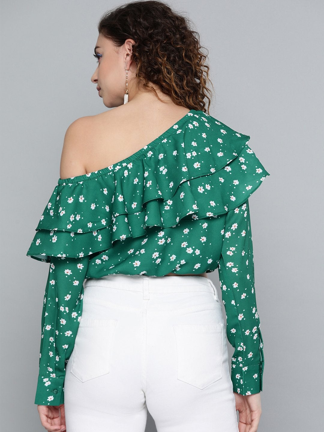 Women's Emerald Green Ditsy Floral One Shoulder Crop Top - SASSAFRAS