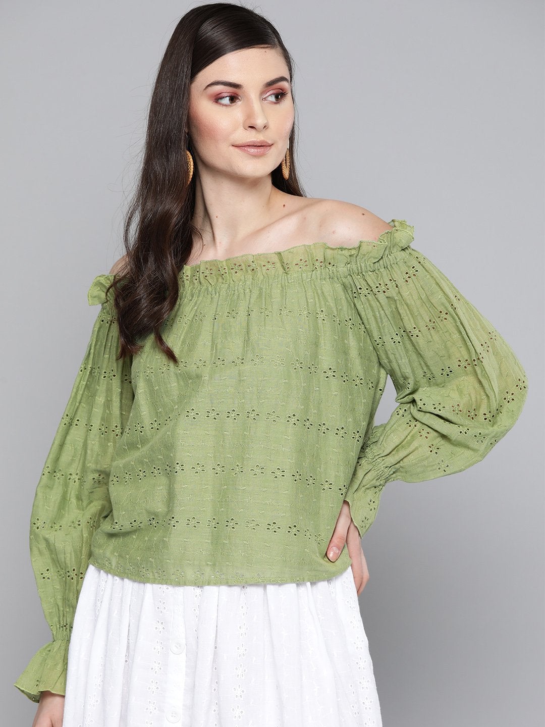 Women's Olive Schiffli Off Shoulder Top - SASSAFRAS