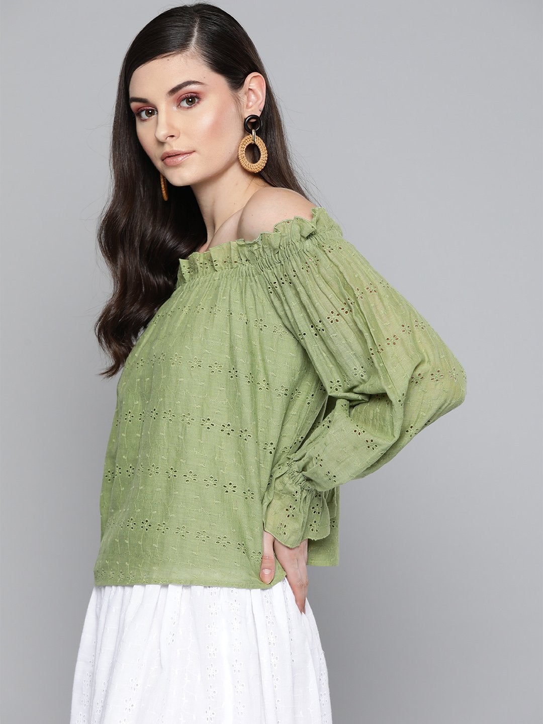 Women's Olive Schiffli Off Shoulder Top - SASSAFRAS