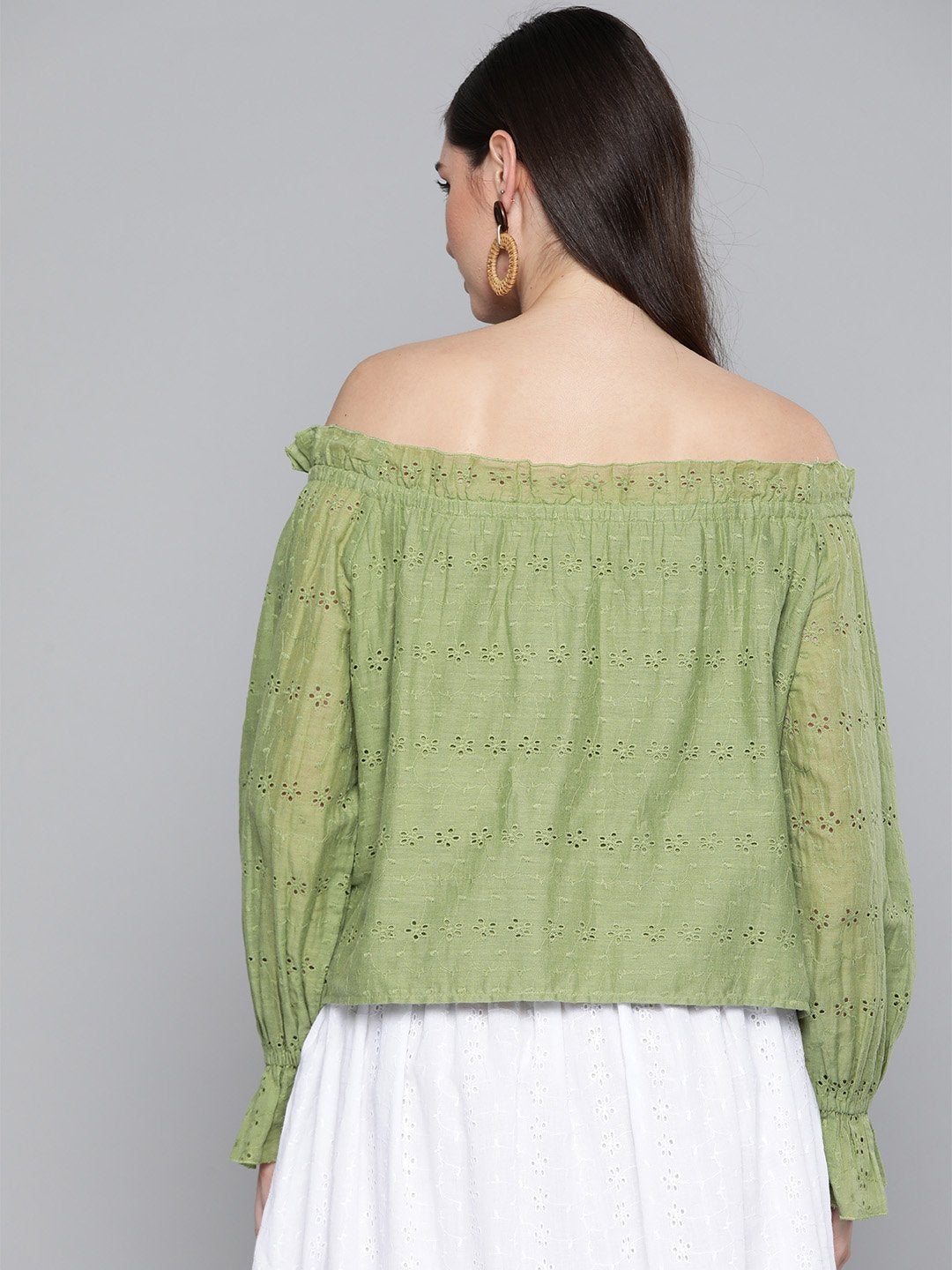 Women's Olive Schiffli Off Shoulder Top - SASSAFRAS