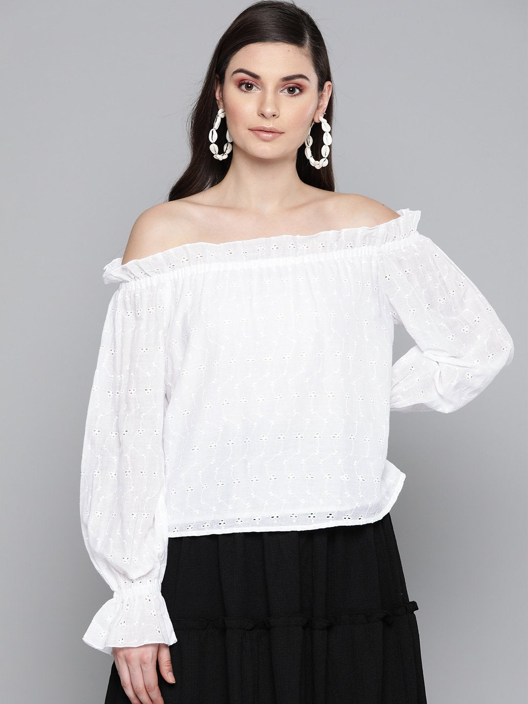 Women's White Schiffli Off Shoulder Top - SASSAFRAS