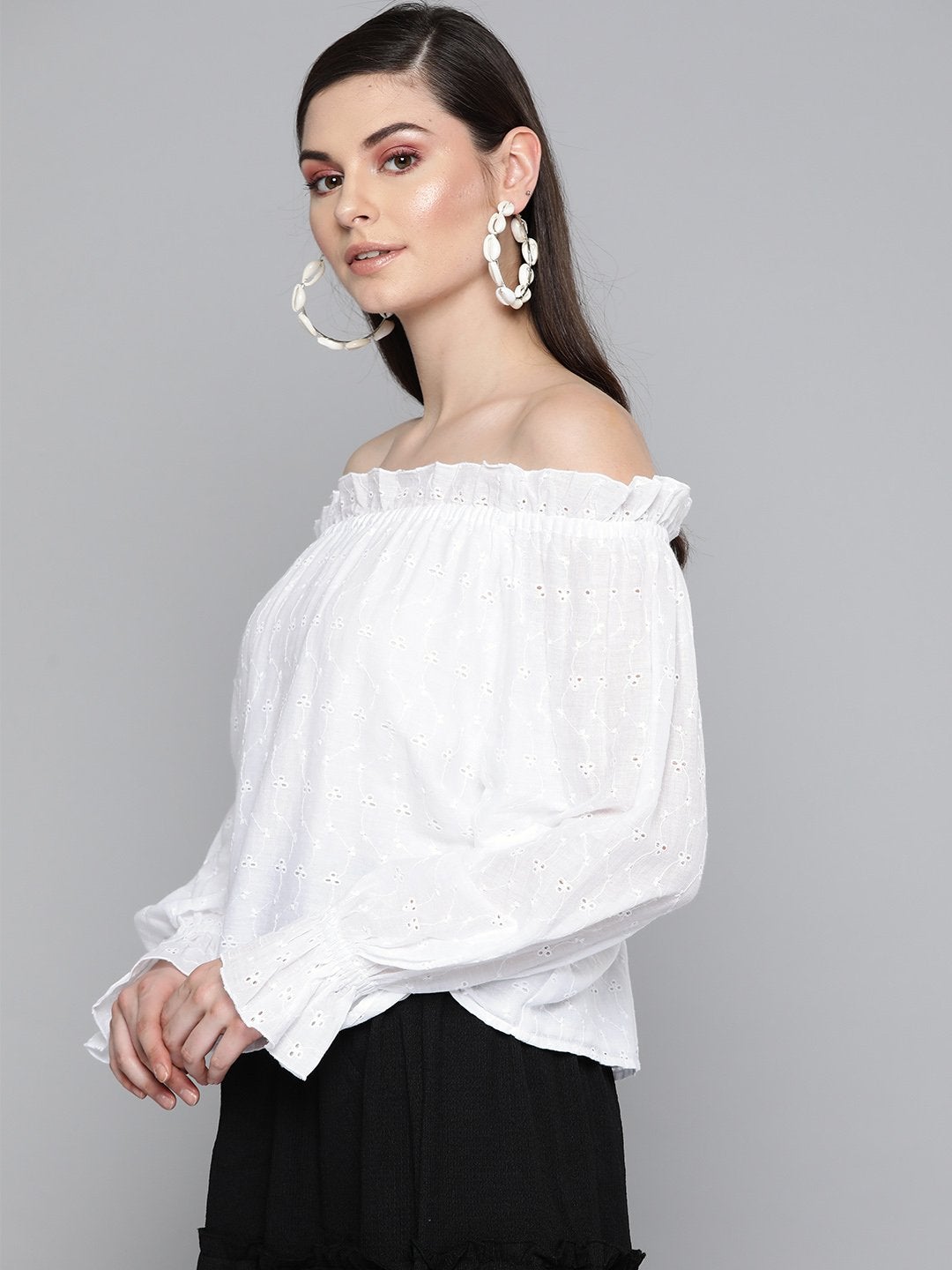 Women's White Schiffli Off Shoulder Top - SASSAFRAS