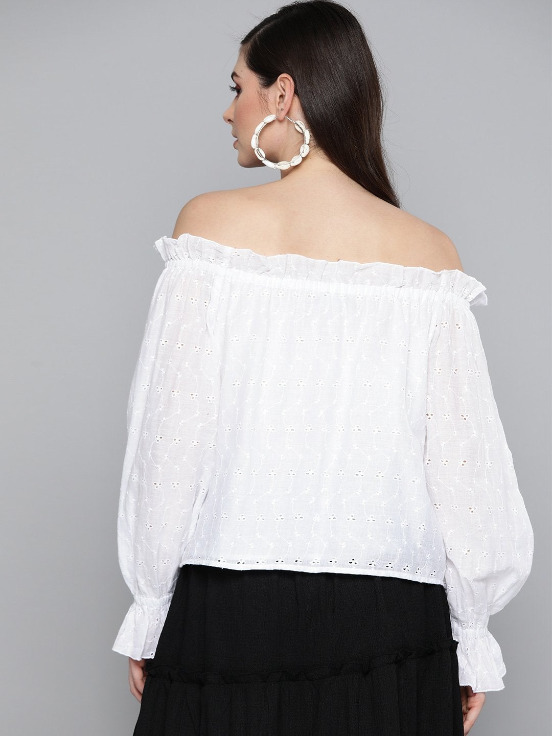 Women's White Schiffli Off Shoulder Top - SASSAFRAS