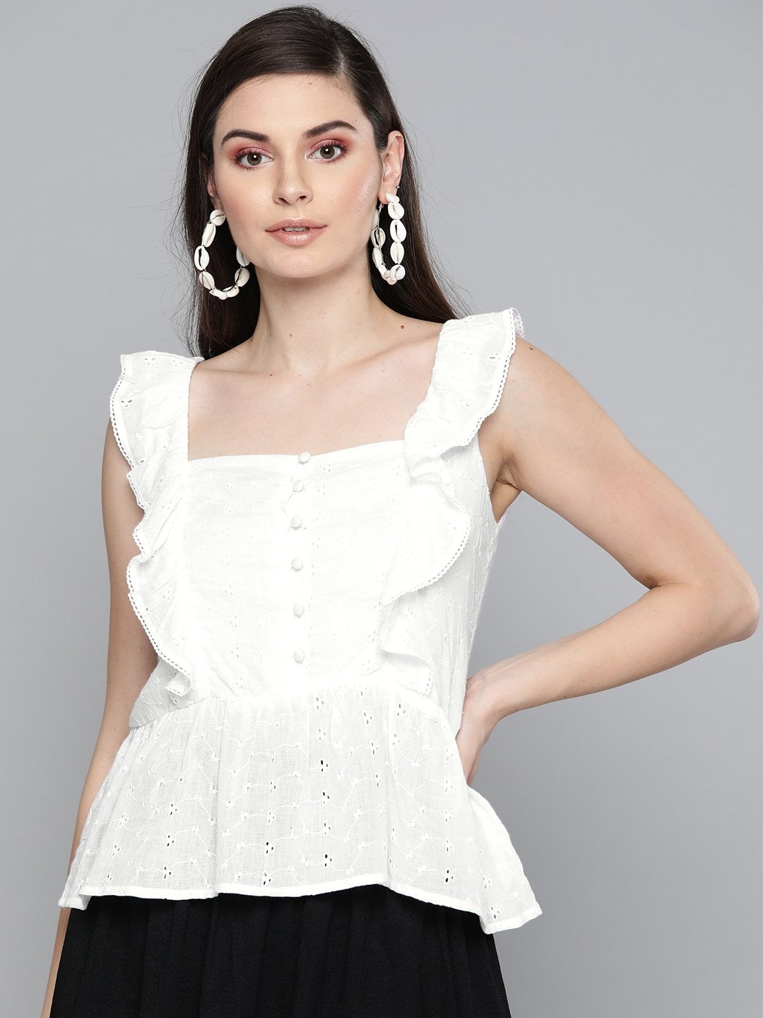 Women's White Schiffli Button Peplum Top - SASSAFRAS