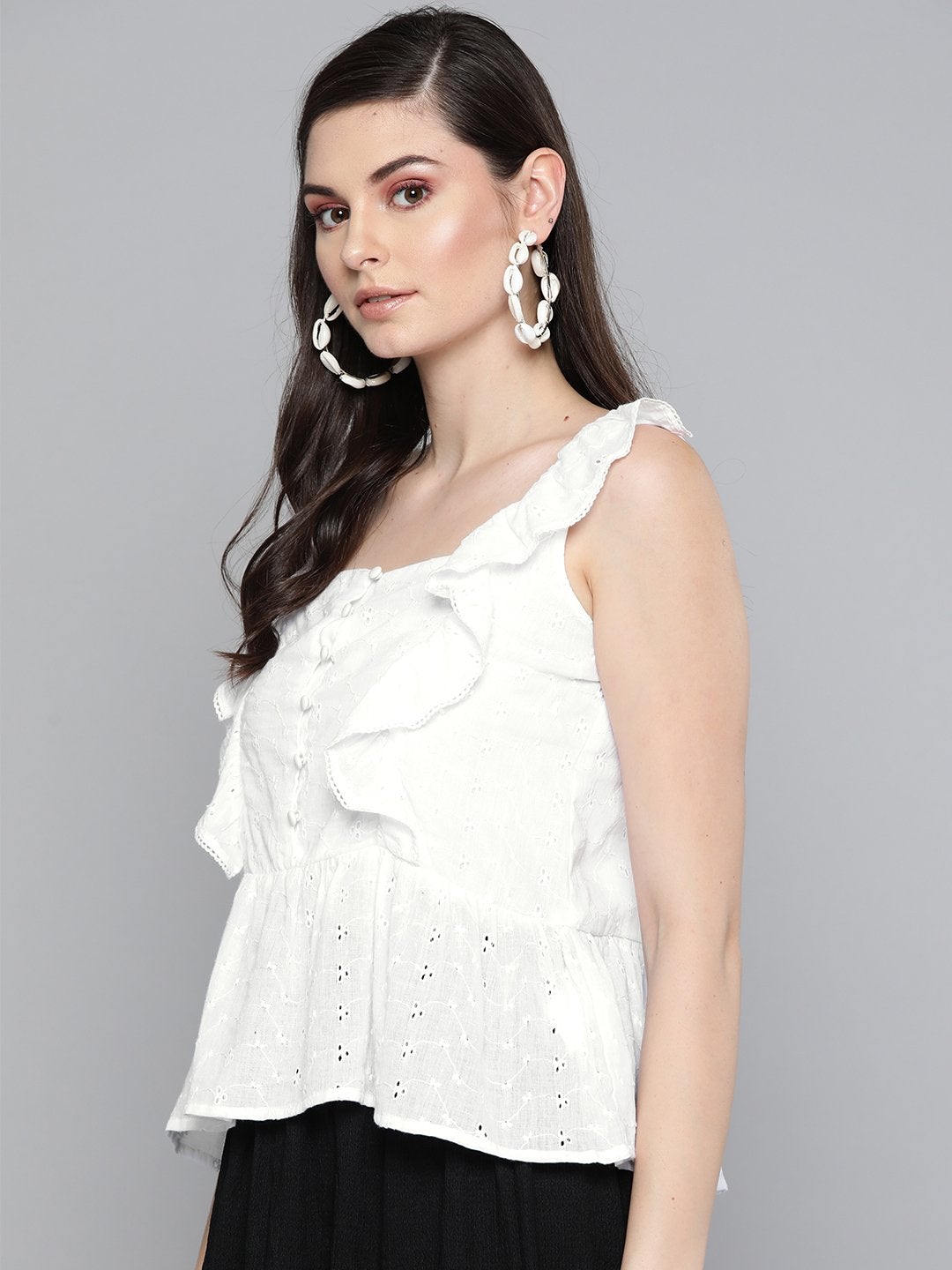 Women's White Schiffli Button Peplum Top - SASSAFRAS