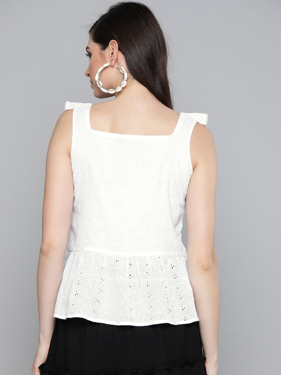 Women's White Schiffli Button Peplum Top - SASSAFRAS