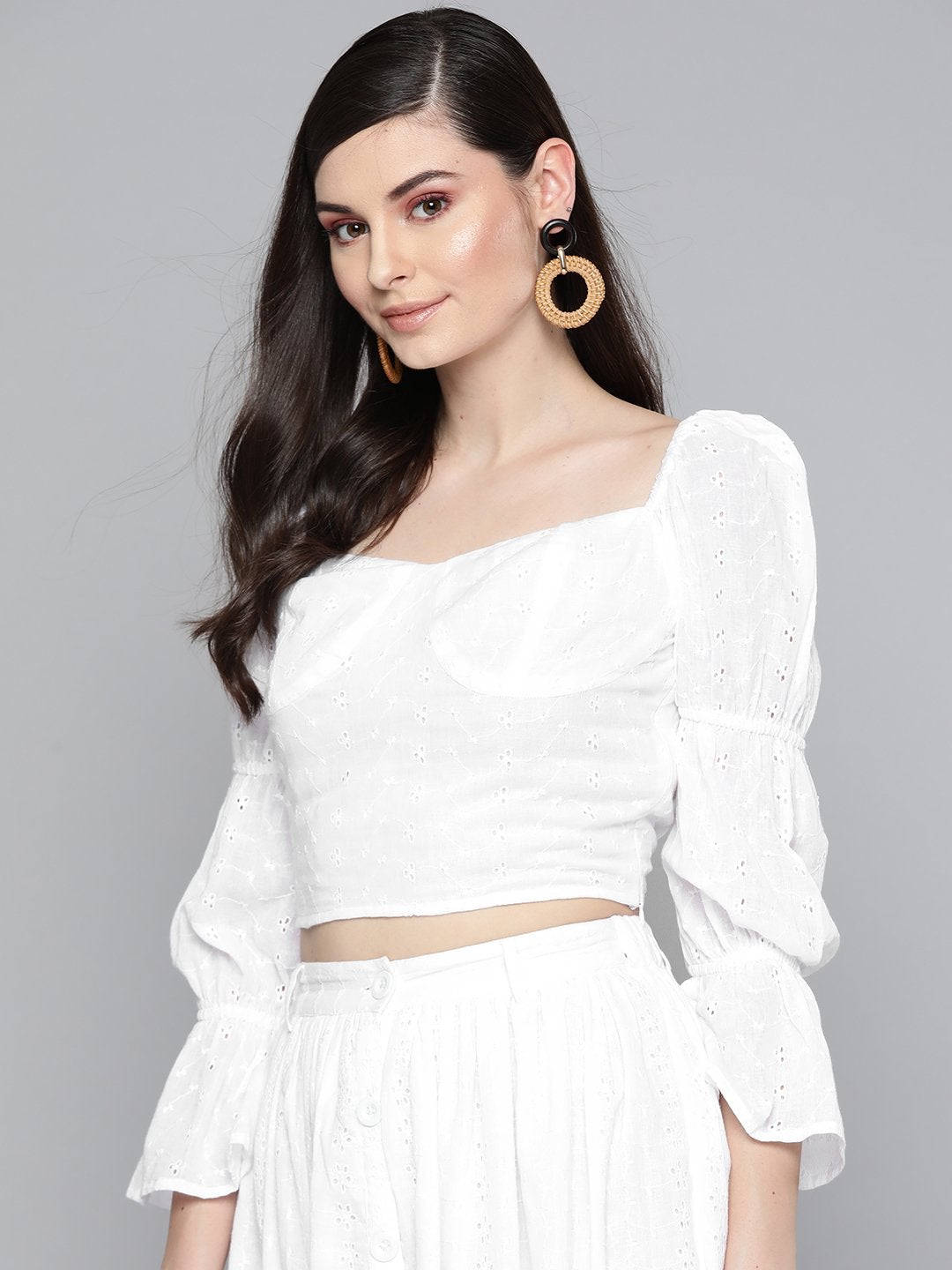 Women's White Schiffli Bishop Sleeve Crop Top - SASSAFRAS