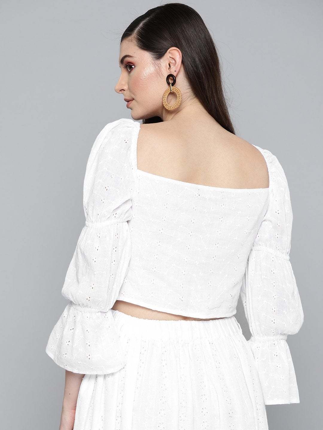 Women's White Schiffli Bishop Sleeve Crop Top - SASSAFRAS