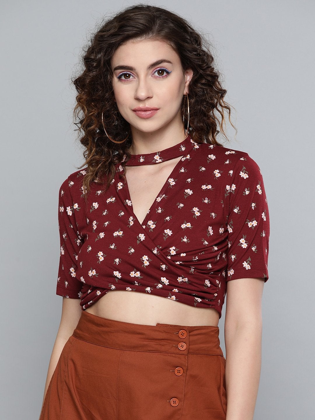 Women's Maroon Floral Choker Neck Wrap Crop Top - SASSAFRAS