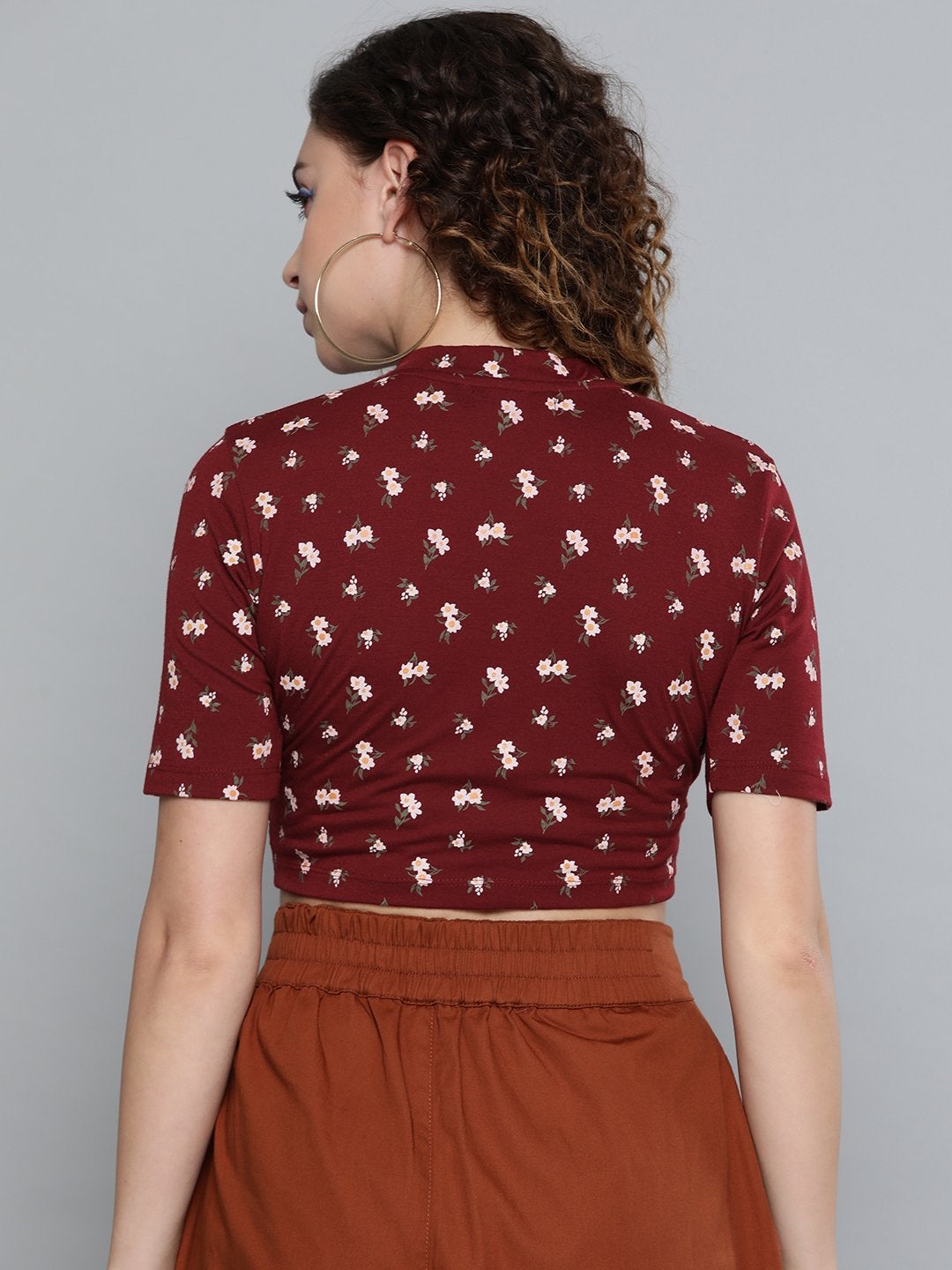 Women's Maroon Floral Choker Neck Wrap Crop Top - SASSAFRAS