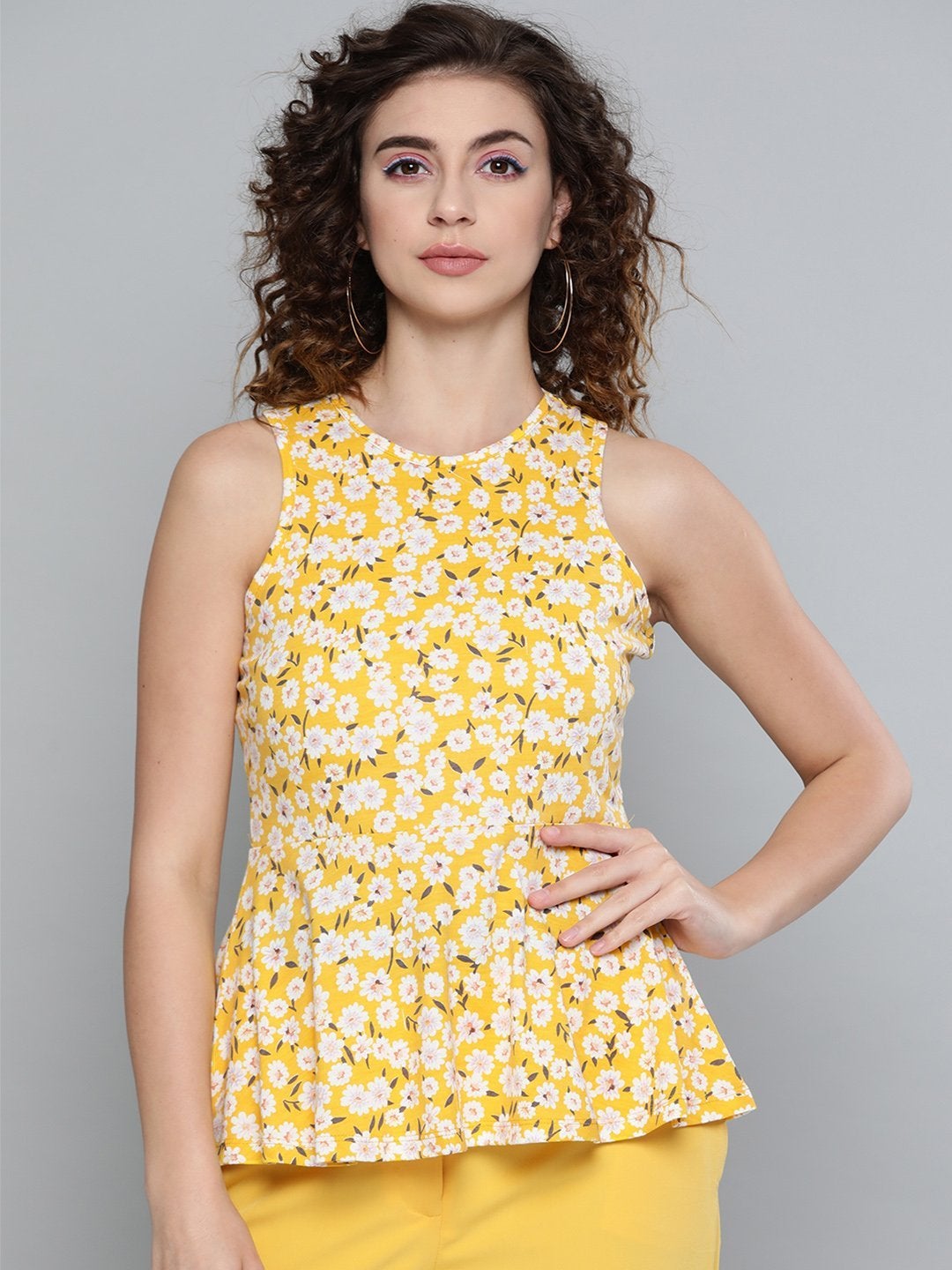 Women's Yellow Ditsy Floral Box Back Peplum Top - SASSAFRAS